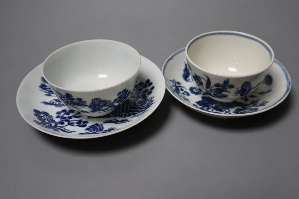 A Worcester Man in Pavilion teabowl and saucer, the first worcester blue and white printed pattern, and a three flowers teabowl and sau